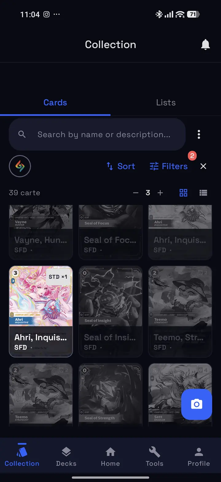 Collection grid with filters and owned copies