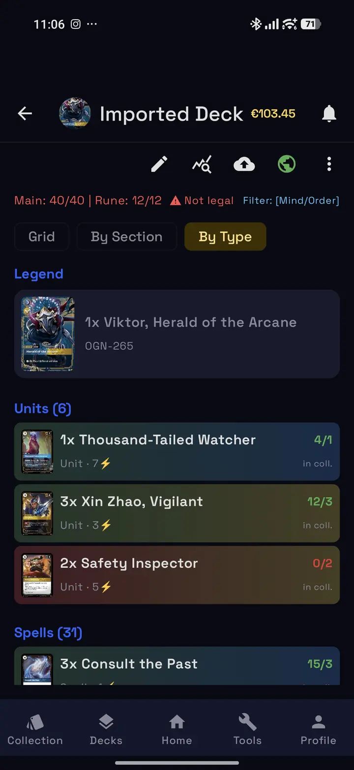 Deck view with price, legality check and owned copies