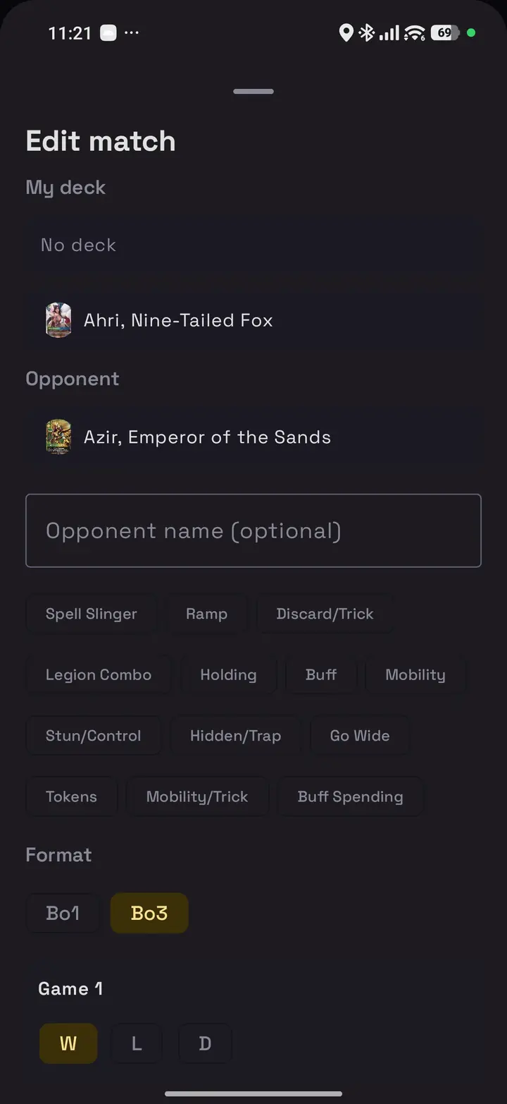 Match editor with archetype tags, format and per-game results
