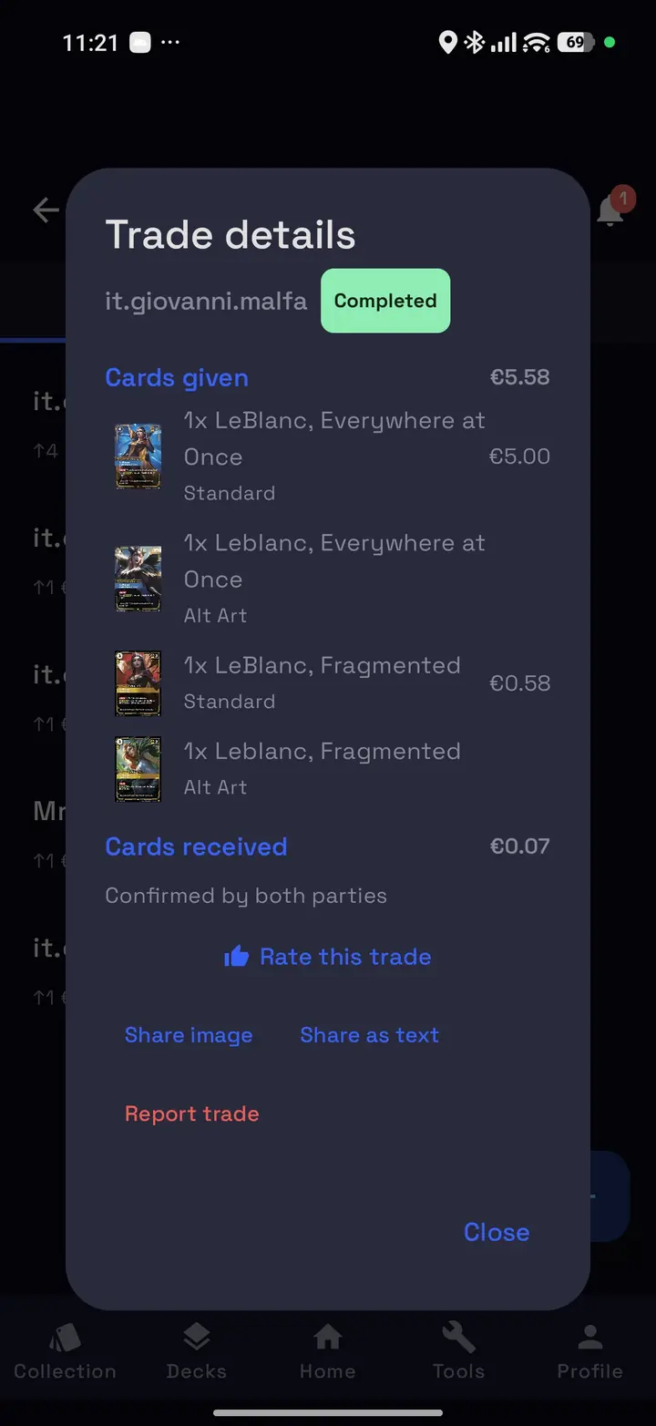 Trade details with cards given and received and their values